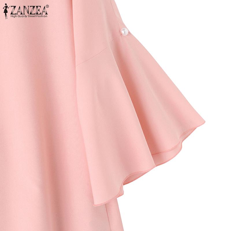 ZANZEA Женская прямая однотонная свободная блузка с круглым вырезом и расклешенными рукавами 3/4