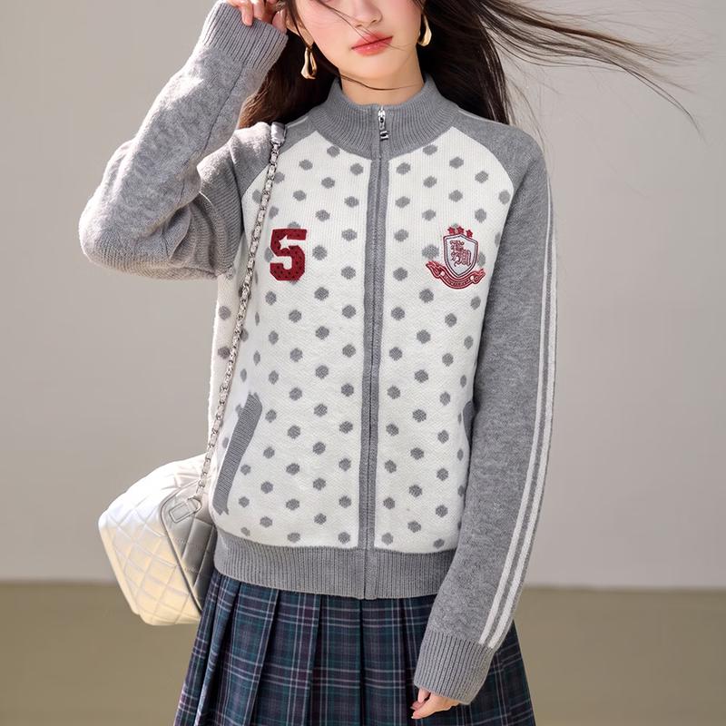 Zose Academic Style Polka Dot Zip-Up Knit Cardigan