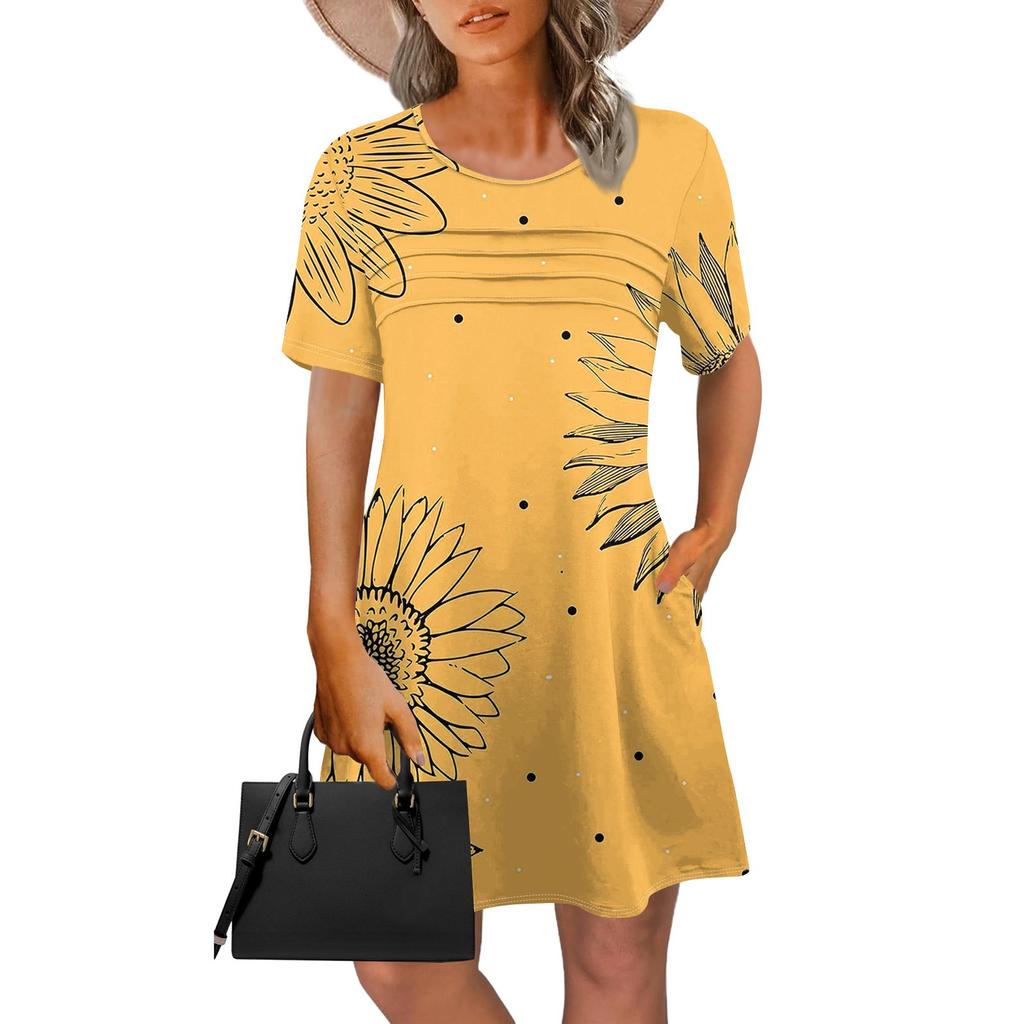 Женское летнее винтажное платье с цветочным принтом, повседневное платье с коротким рукавом и круглым карманом