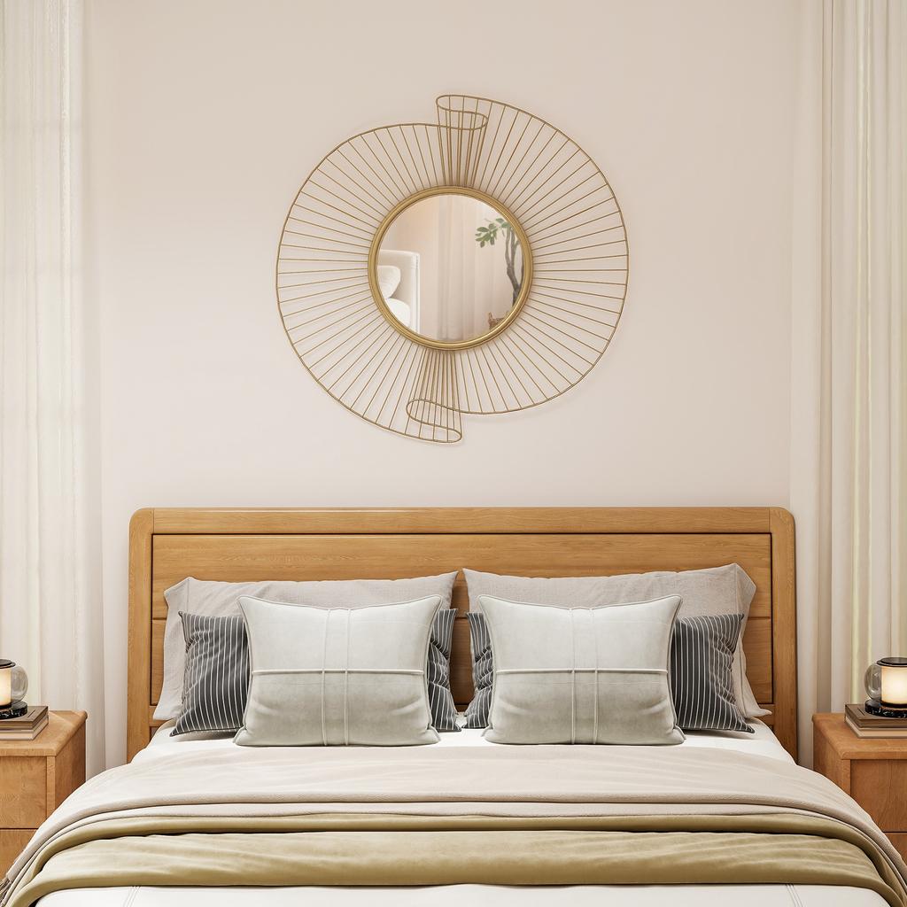 Round Decorative Mirror 60 cm with 360 degrees Mounting, Modern Metal Wall Decoration with Pleated Details, Gold