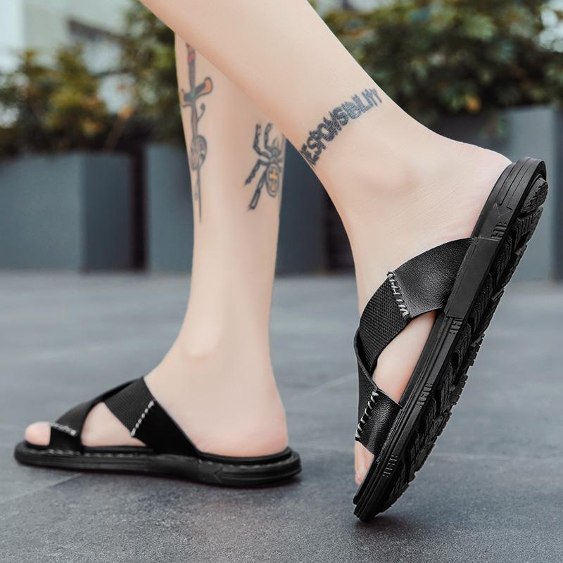 2024 Летние сандалии мужские из натуральной кожи классические черные тапочки в стиле крест-накрест пляжная обувь тапочки с открытым носком дышащая обувь для улицы