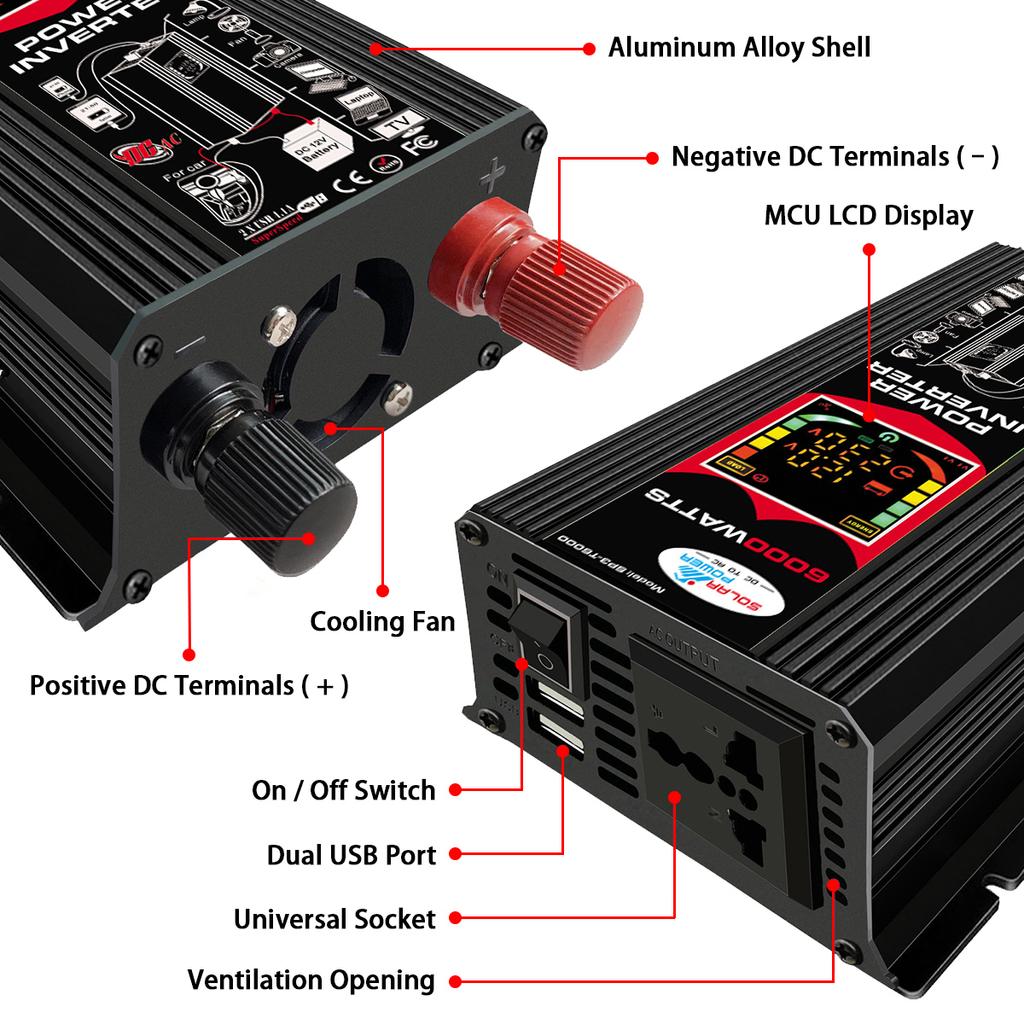 Автомобильный инвертор солнечной энергии 6000 Вт 4000 Вт 12 В постоянного тока в 220 В переменного тока/110 В автомобильный преобразователь с двойным USB-портом 2,4 А и интеллектуальным ЖК-дисплеем