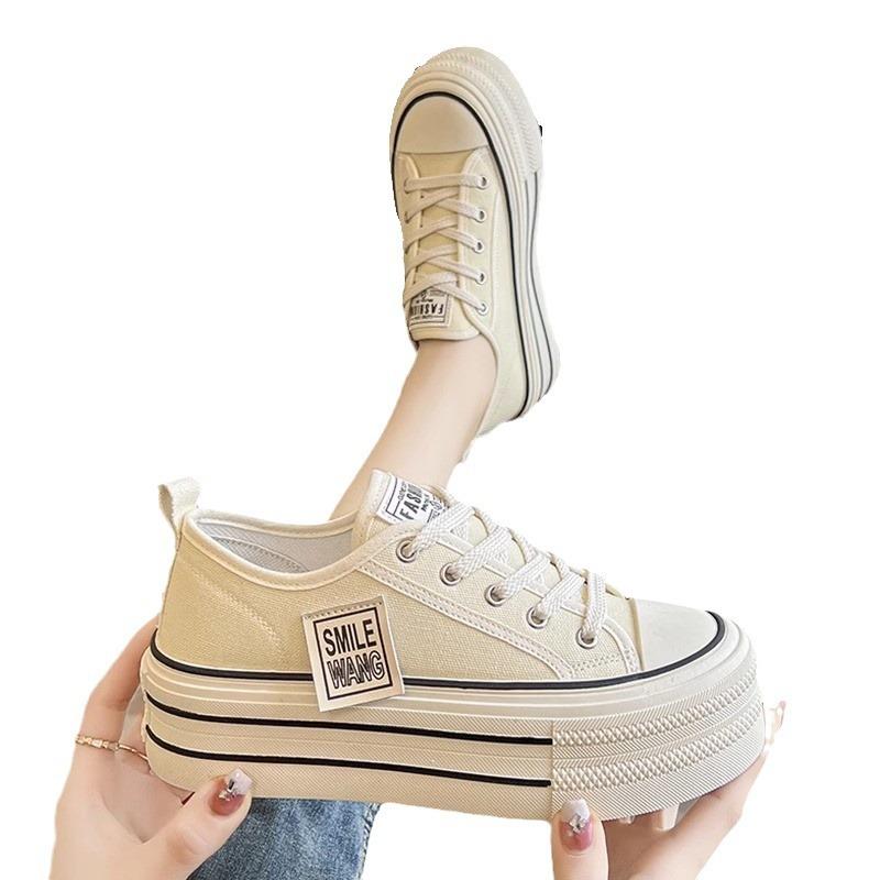 Парусиновые туфли на платформе женские весенне-осенние новые маленькие низкие белые туфли на шнуровке