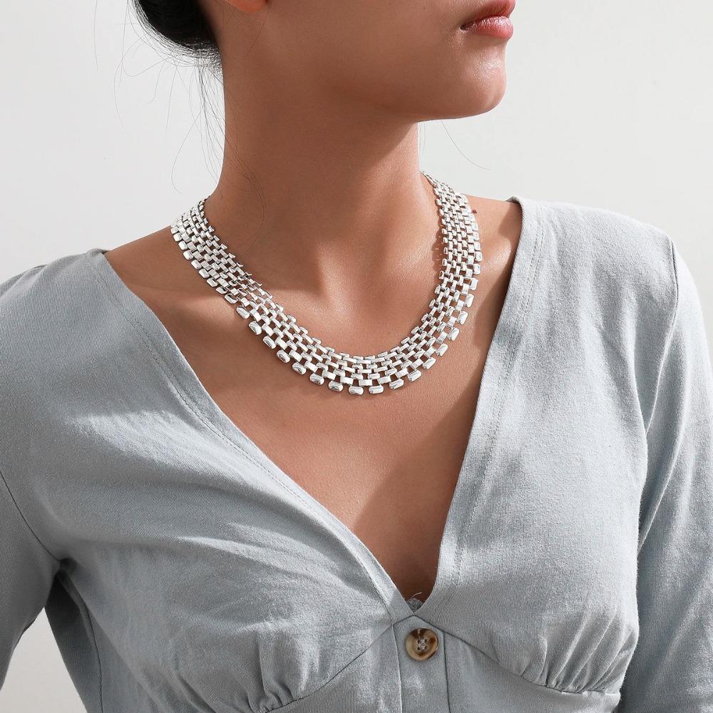 Mesh Design Exaggerated Cuban Chunky Chain Hollow Clavicle Chain Jewelry Hip Hop Necklace Summer