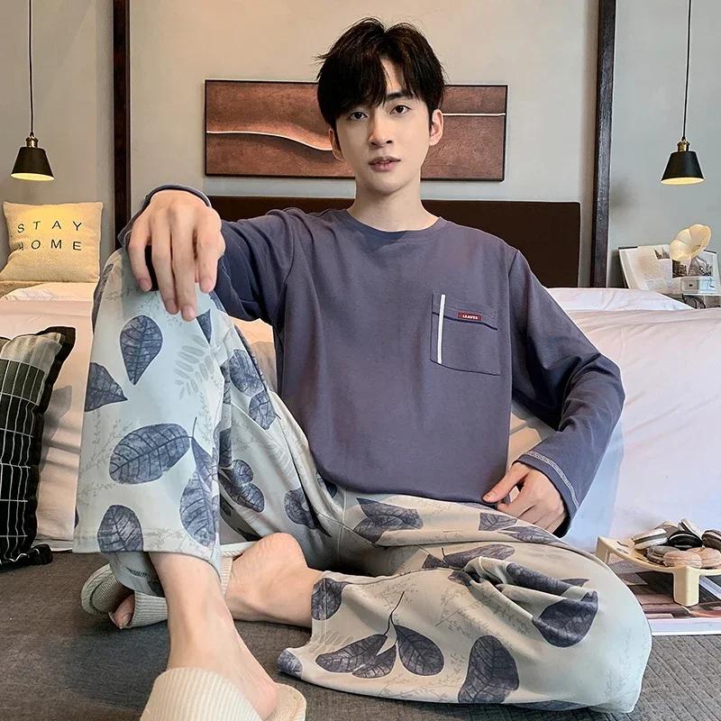 Хлопковая пижама для мужчин с длинными рукавами, топ, брюки, ночная рубашка для молодых мальчиков, мужская ночная рубашка в полоску, домашняя одежда