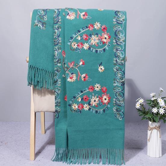 Winter Scarf Embroidery Flower Pattern Tassel Trim Long Scarf Ethnic Style Thickened Warm Women Shawl