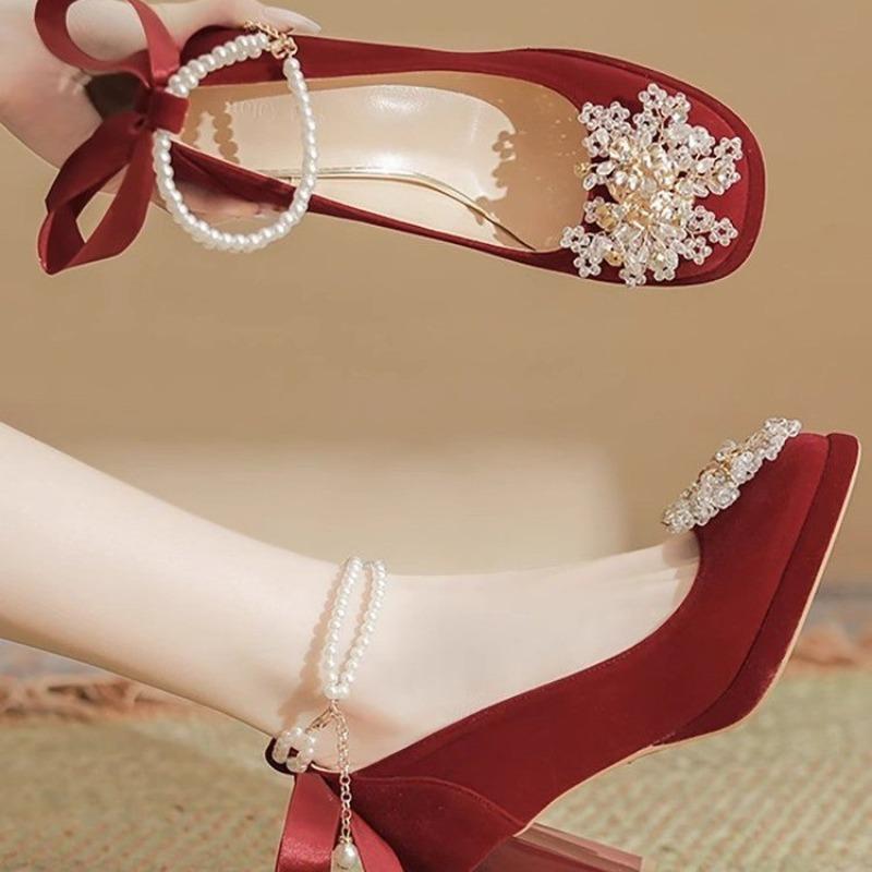 Fashion Women Fad High Heels Pearl Bow Strap Premium Suede High Heels Square Head Thick Heel Wedding Shoes High Quality Bridesmaid Shoes