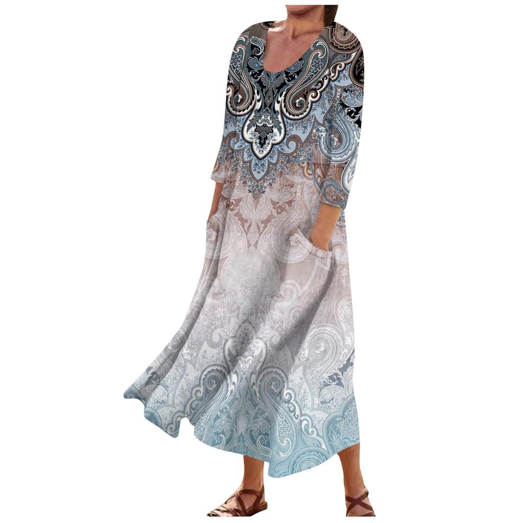 Женское модное повседневное свободное карманное платье с круглым вырезом и рукавами 3/4