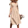 2024 Summer European & American Women's Cotton Linen V-Neck Dress with Buttoned Short Sleeves