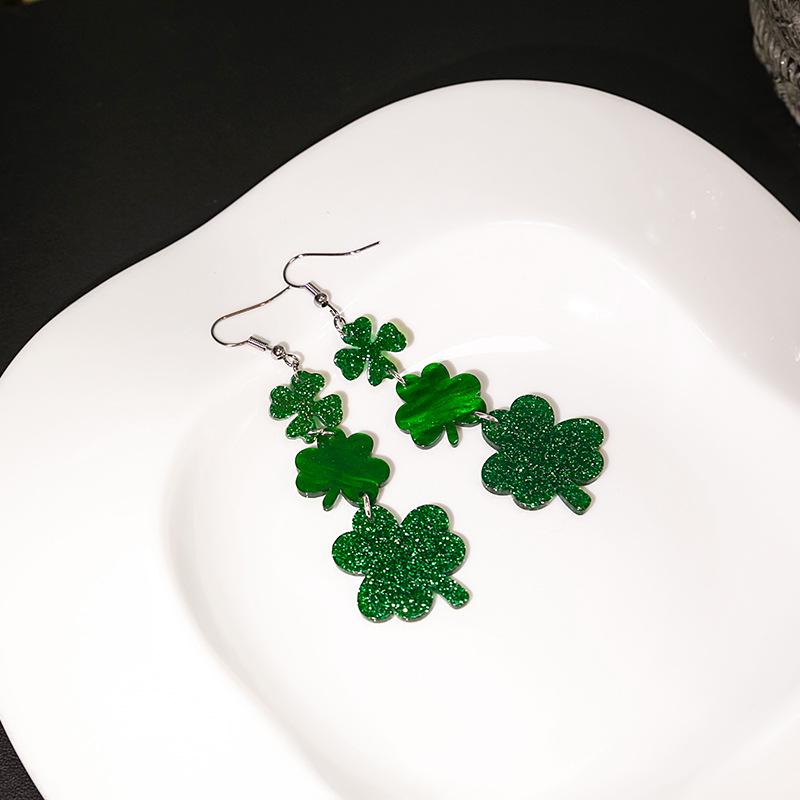 Silver Needle Mori Style Four-Leaf Clover Acrylic Earrings - Fresh, Elegant, Green Shamrock Design