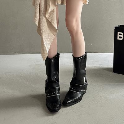 Дизайн панк-ботинок женские высококлассные ботинки-трубы летние новые остроносые заклепки плиссированные высокий каблук толстый каблук