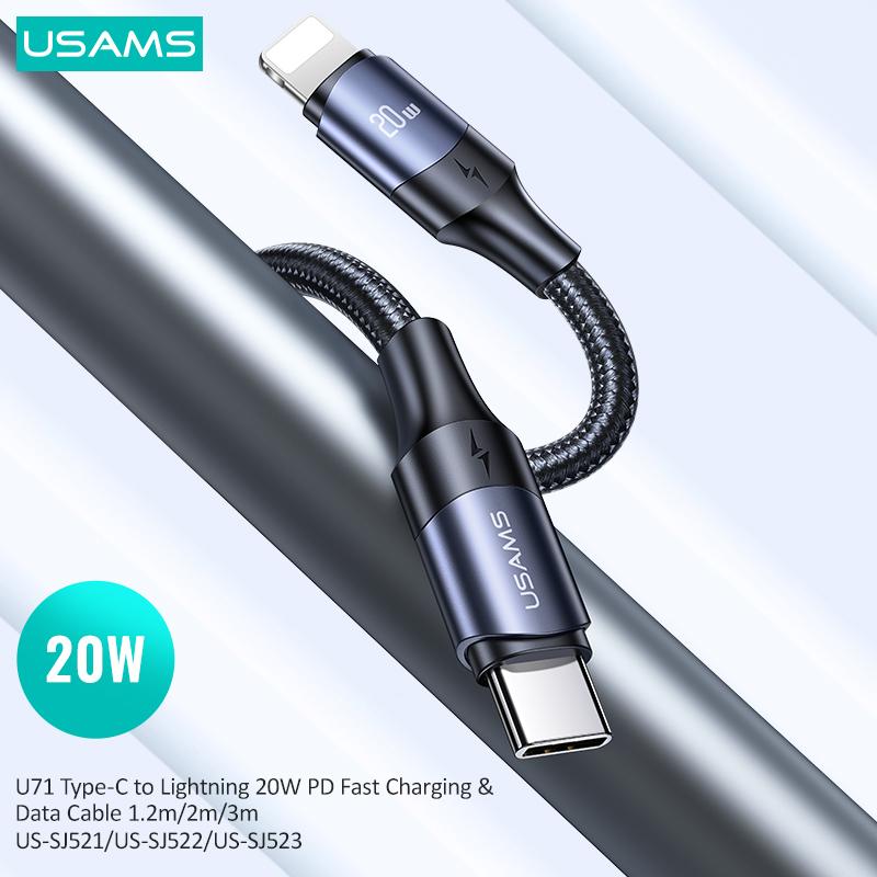 USAMS PD20W 3A Кабель для быстрой зарядки данных типа C с плетеным телефонным кабелем Lightning для iPhone 14 13 12 11 Mini Pro Max X Xs Xr 8 Plus