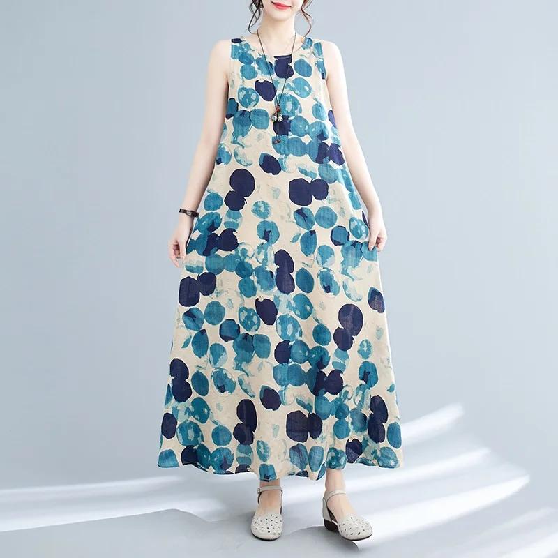 Sleeveless Plus Size Cotton Vintage Polka Dot New In Dresses for Women Casual Loose Long Summer Dress