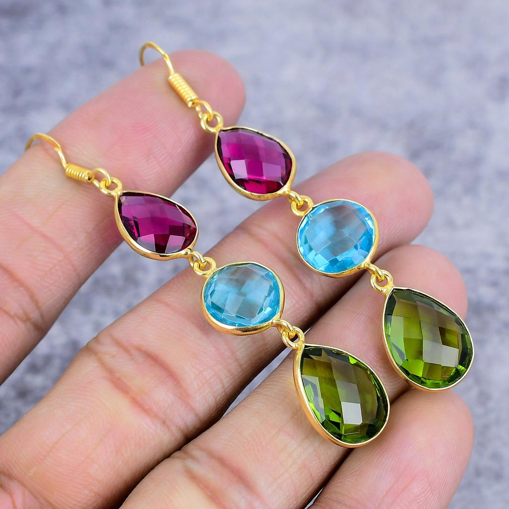 Peridot, Blue Topaz Gemstone 925 Sterling Silver Jewelry Earring 2.88" M-2651