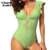 Charmleaks сексуальный глубокий V-образный вырез однотонный волан с открытой спиной цельный купальник для женщин купальный костюм Monkini