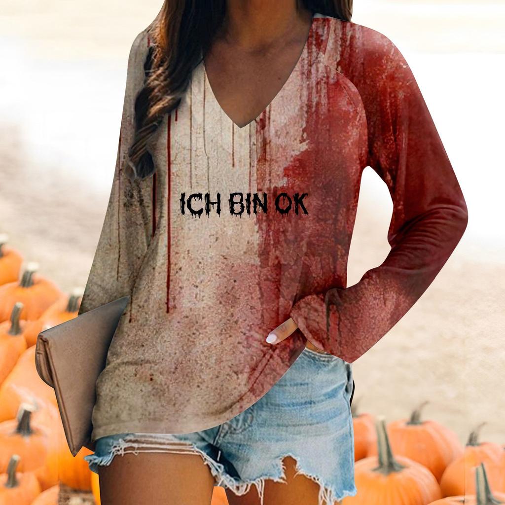 Женская футболка с длинным рукавом и V-образным вырезом, повседневный, удобный топ с принтом на Хэллоуин