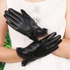 Winter Warm Gloves for Women's New PU Leather Lace Bow Winter Plus Velvet Thickened Touch Screen Gloves