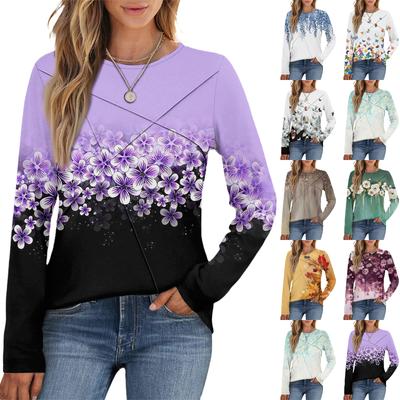 Модная женская блузка с длинным рукавом, круглым вырезом, повседневная, плиссированная, с цветочным принтом, свободного кроя