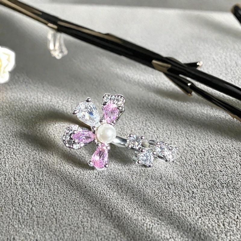 Sweet Pink Diamond Ice Flower Full Of Diamonds Zircon Temperament Flower Opening Ring Niche Design Sense Light Luxury High Sense Ring