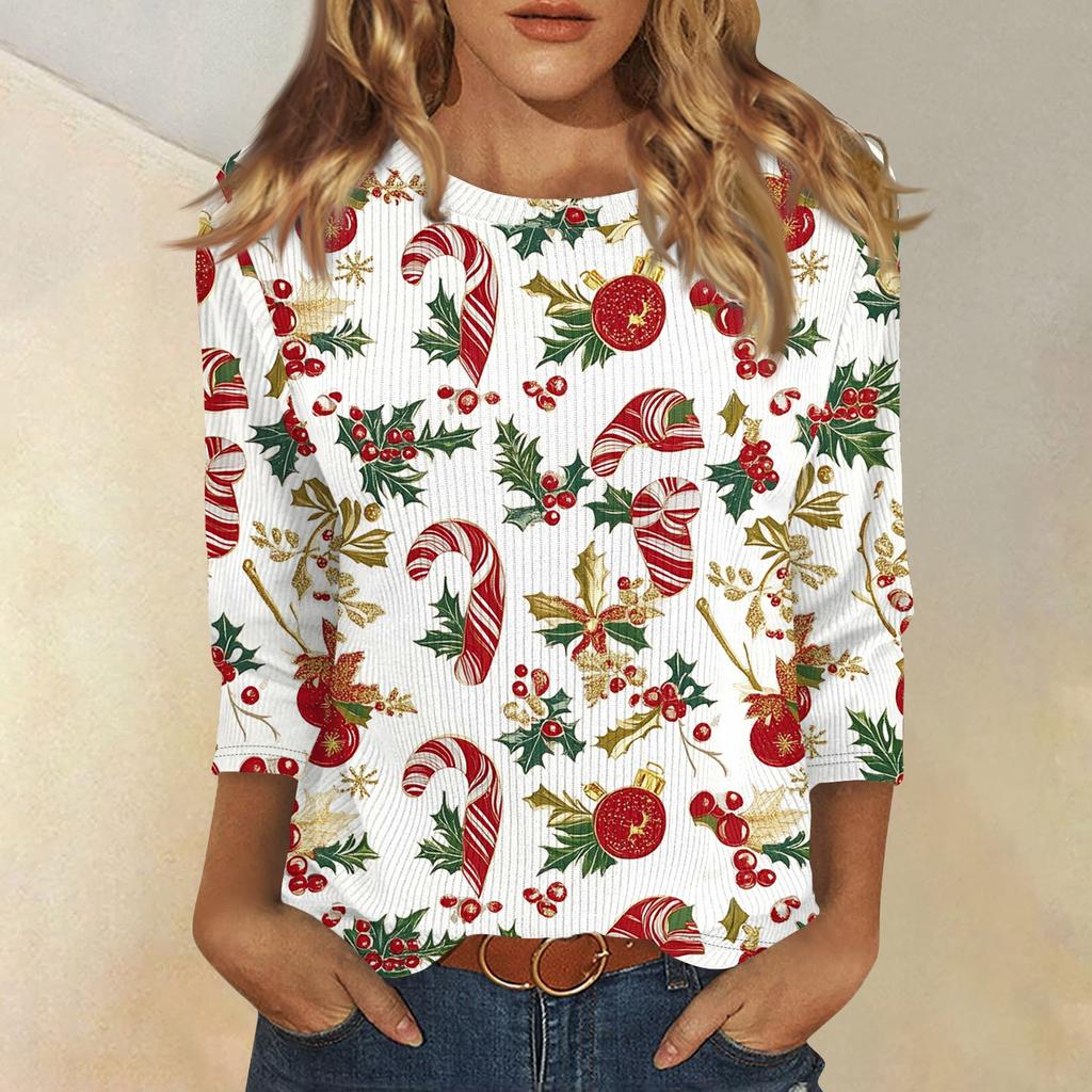Women's Fashion And Winter Casual Round Neck Brushed Ribbed Christmas Print Three-quarter Sleeve T-shirt Women's Clothing