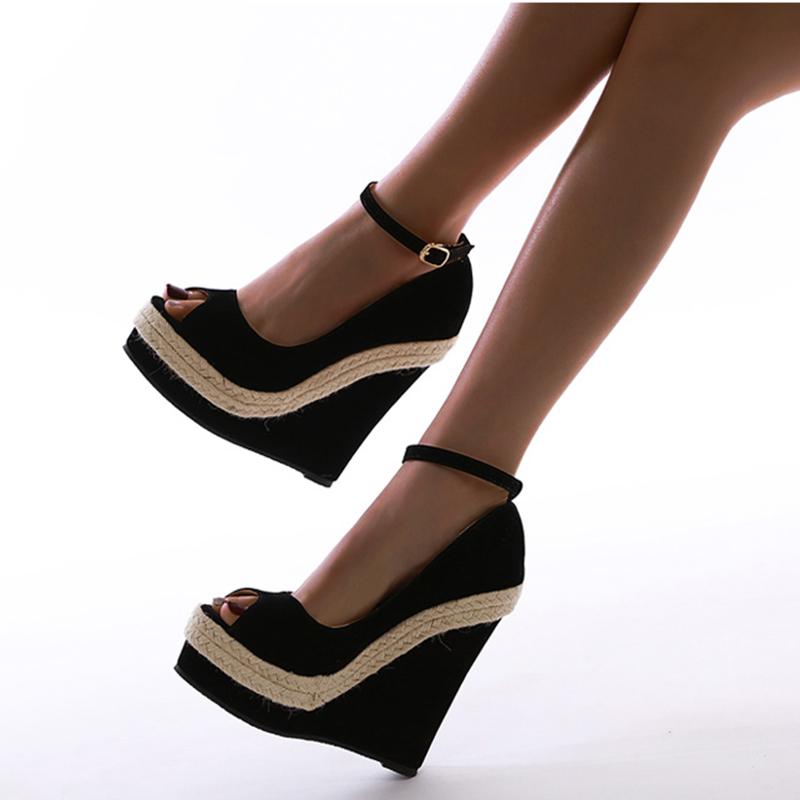 Aneikeh/летняя женская обувь, сандалии на платформе, сандалии-гладиаторы из флока, модные туфли на танкетке с пряжкой и ремешком, вечерние черные туфли на каблуке с круглым носком, размеры 35–42