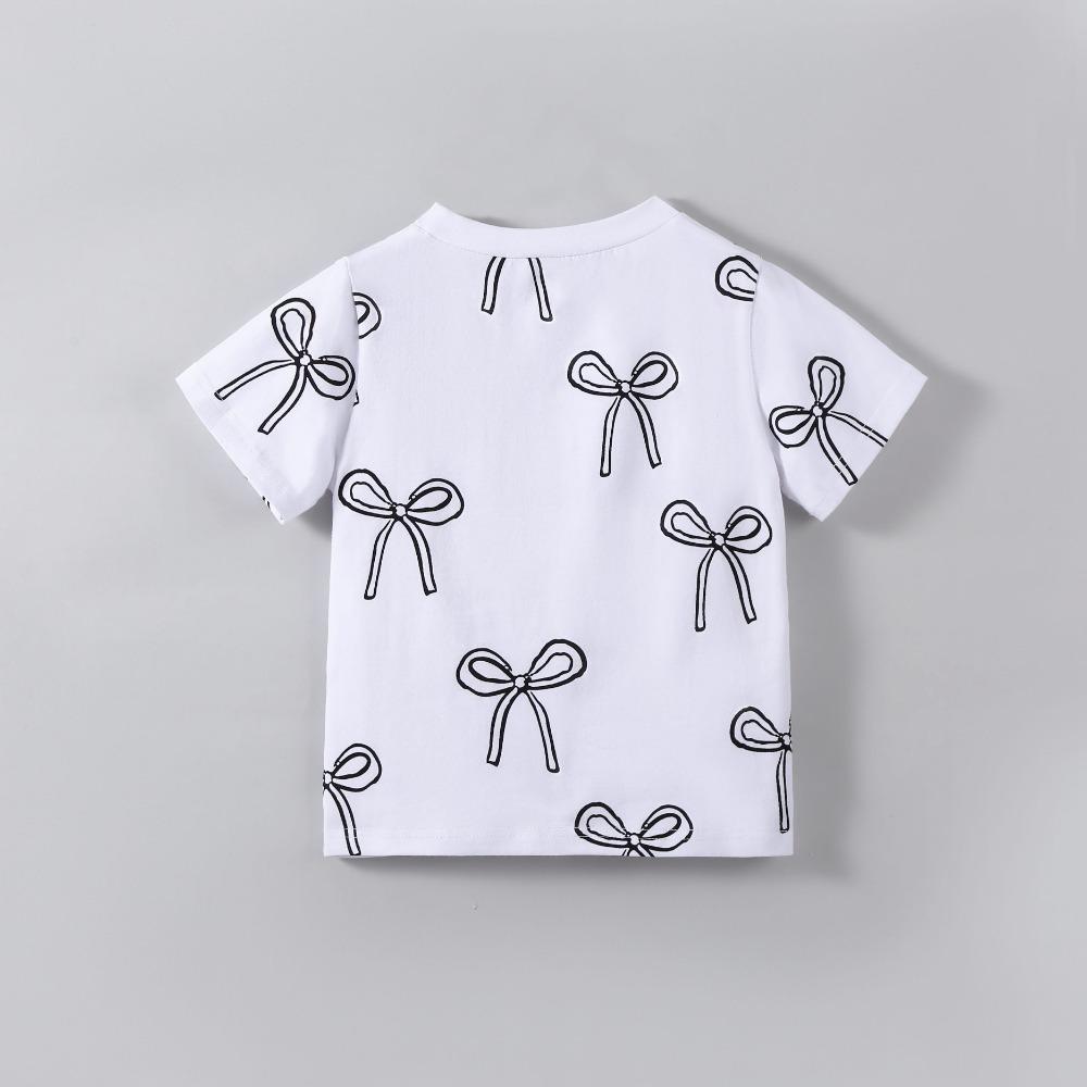 Футболка для девочек 2-7 лет, топы из хлопковой смеси, повседневные, с милым принтом банта, летние детские футболки с круглым вырезом и короткими рукавами