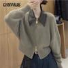 Autumn and Winter Women's Sweater Leather Collar POLO Collar Splicing Knit Cardigan Zipper Lazy Wind Jacket