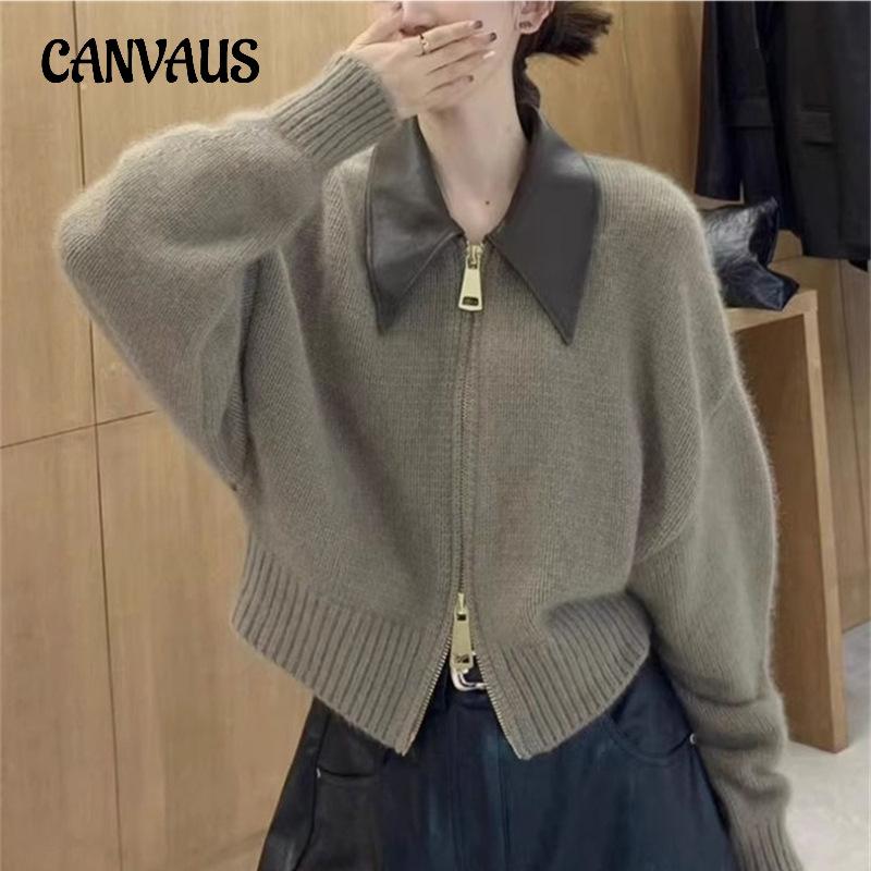 Autumn and Winter Women's Sweater Leather Collar POLO Collar Splicing Knit Cardigan Zipper Lazy Wind Jacket