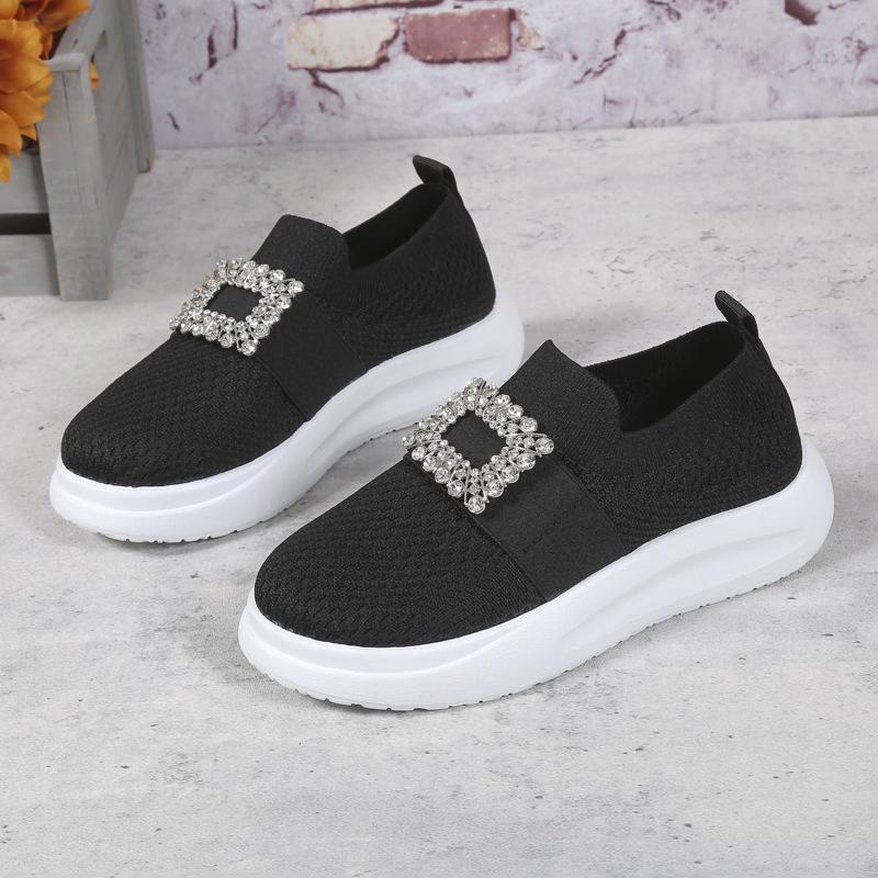 Женские одиночные туфли с сетчатой ​​поверхностью, повседневная женская обувь с неглубоким горлышком, круглой головкой и стразами, на толстой подошве на одну ногу