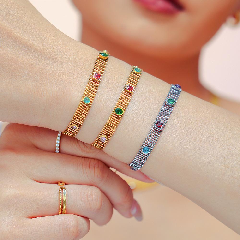 Trendy INS Style Chain Ribbon Set Geometric Multi-Color Zircon Titanium Steel PVD Coated Necklace Bracelet Stainless Steel