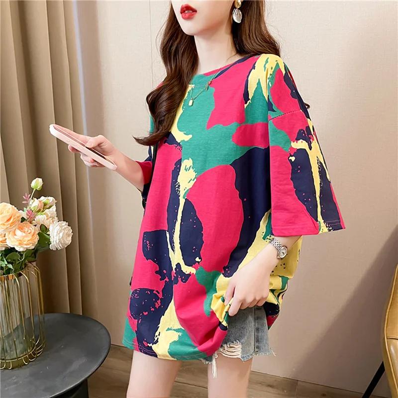 Летняя винтажная футболка с принтом Мода Женская Оверсайз Графические Длинные Футболки Y2k Топы Харадзюку хип-хоп Уличная одежда молодежная