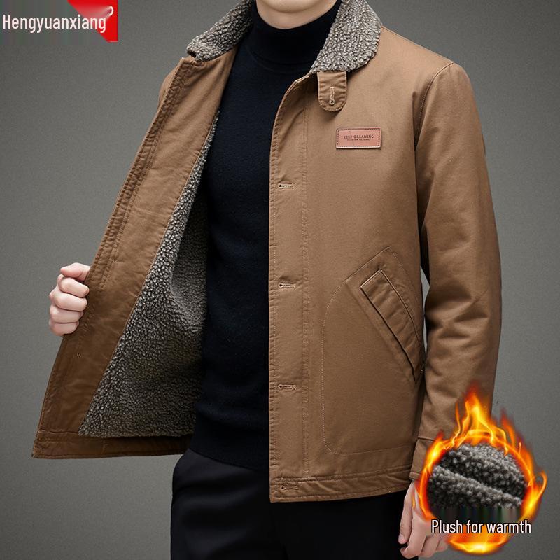 Мужская куртка из овечьей шерсти с флисовой подкладкой: Плотная верхняя одежда с хлопковой подкладкой для осени/зимы