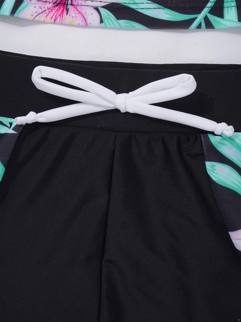 Girls 2 Piece Floral Print Swim Set Round Neck Short Sleeve Top Elastic Waist Boyshorts Beach Bathing Suit Swimsuit