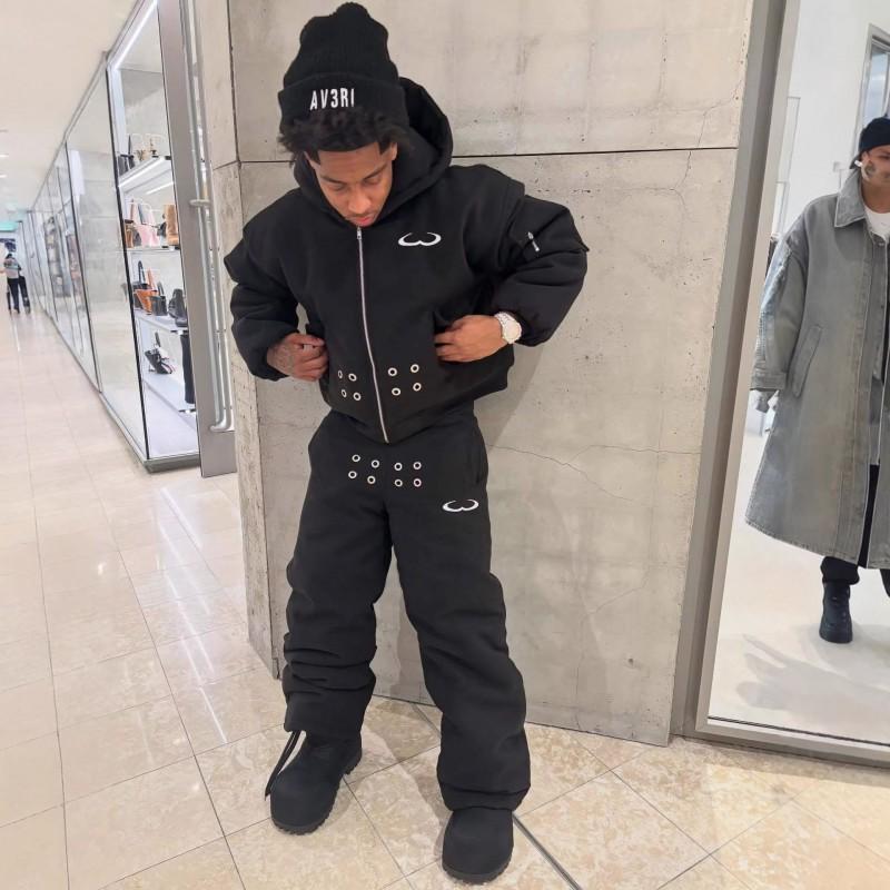 Unisex Y2K Streetwear Hoodie Pants Set With Distressed Detail Embroidered Lettering Fall Winter Casual Outfit
