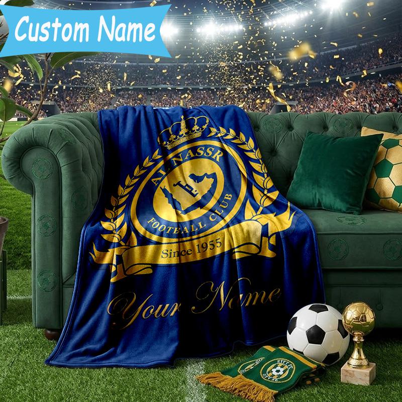 Custom Name Al-Nassr Football Club Flannel Blanket, Use for Birthday/Holiday Gift, Soft Blanket for Sofa/Bed/Camping/Office, Home Decor