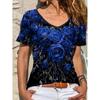 Летний топ с V-образным вырезом, принтом с 3D-цветочным узором, модная повседневная женская футболка с коротким рукавом