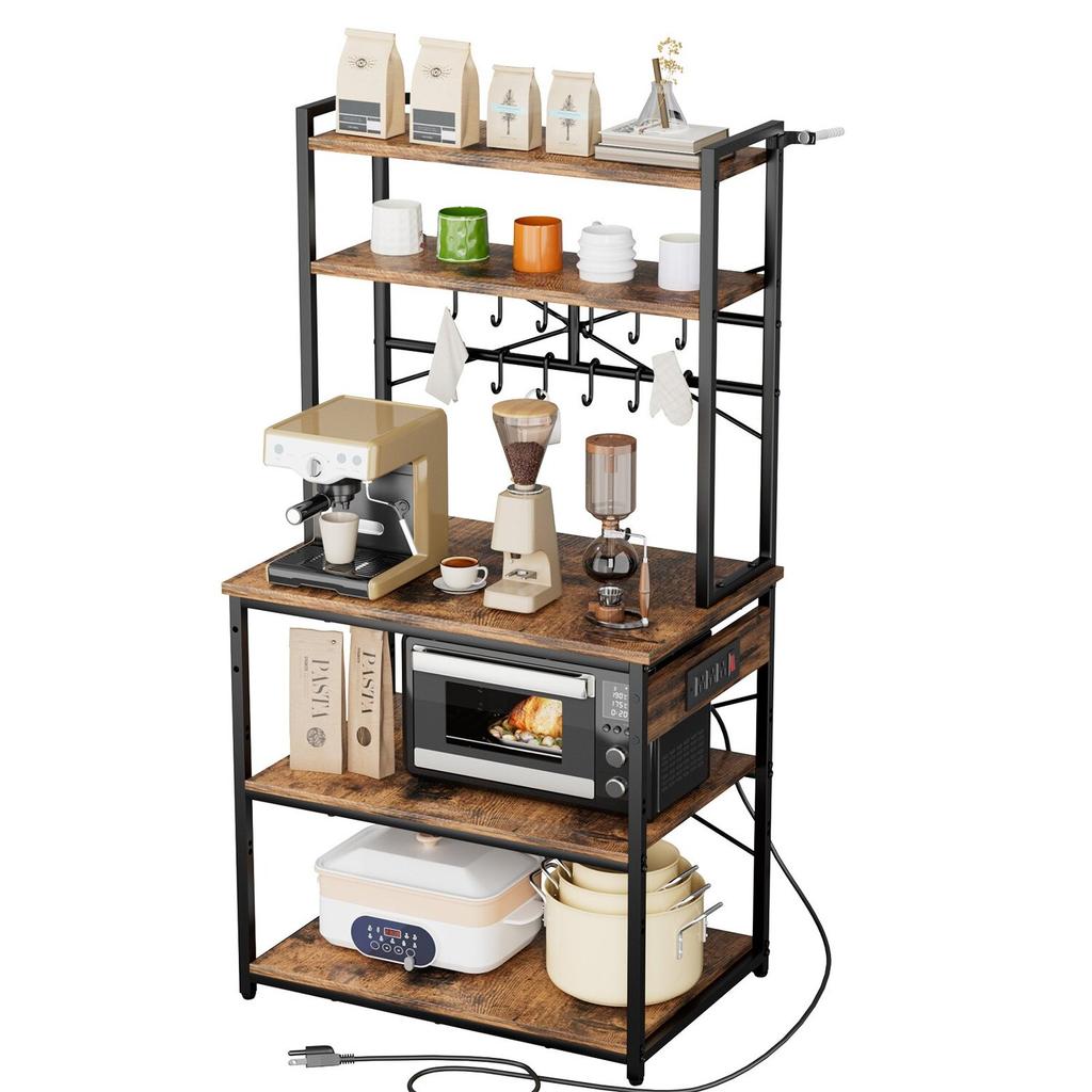 Kitchen Bakers Rack, 1.5m Power Cable Bakers Rack with Power Outlet, Kitchen Stand with X-Shaped Support Bar, 12 S-Shaped Hooks, Coffee Bar Stand for