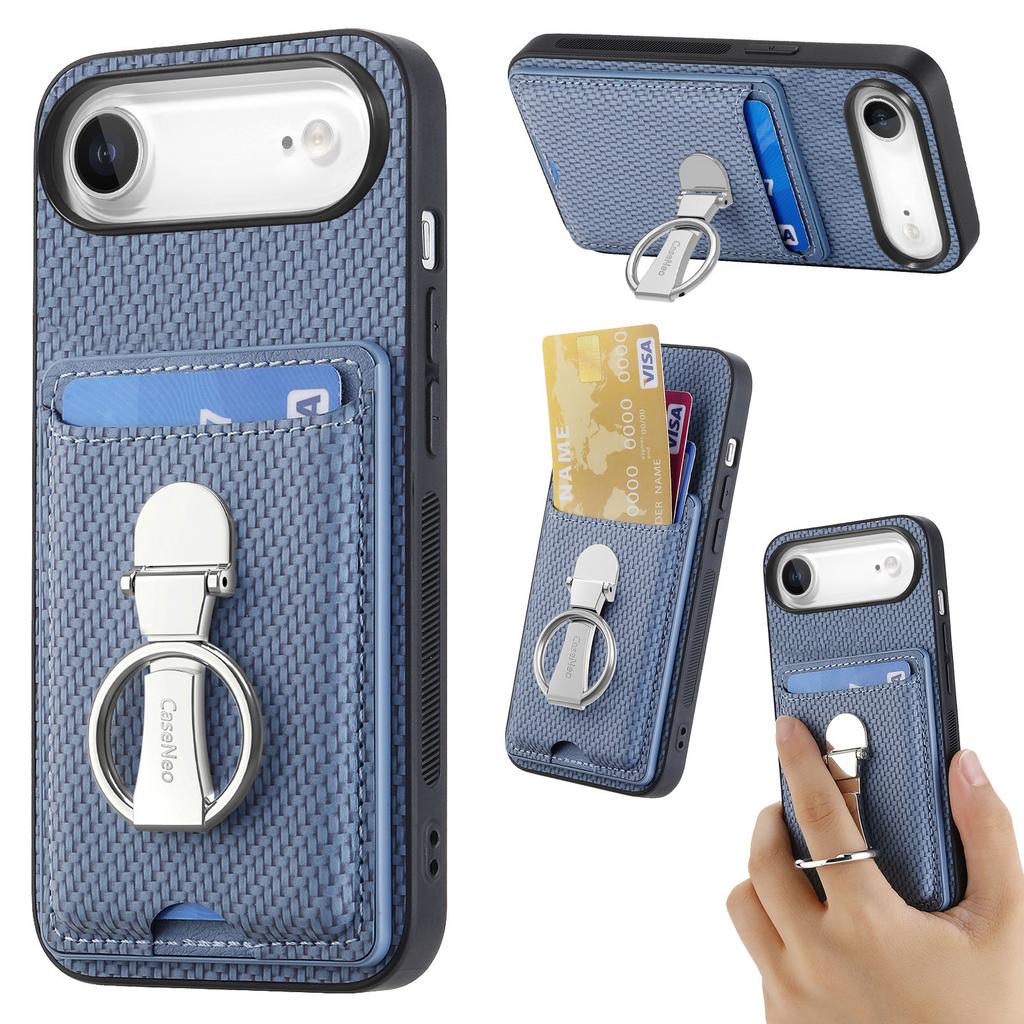 For iPhone Air Leather Phone Back Cover with Kickstand and Card Slots Carbon Fiber Texture