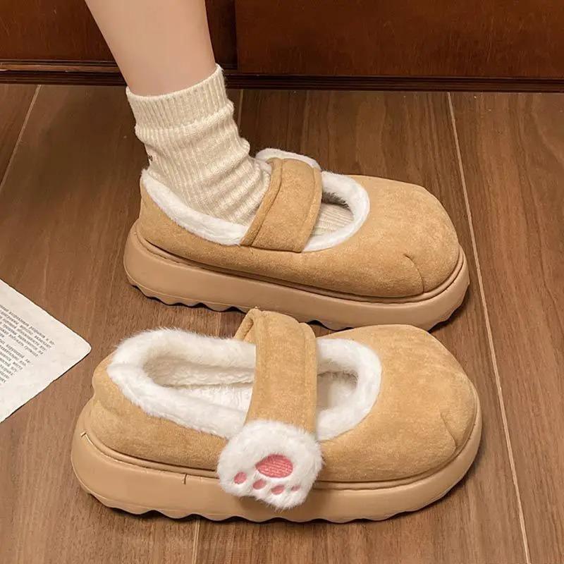Warm Round Toe Ankle Boots Casual Comfortable Women Flats Cute Cat Paw Cotton Snow Boots Winter Thick Sole Indoor Outdoor Shoes
