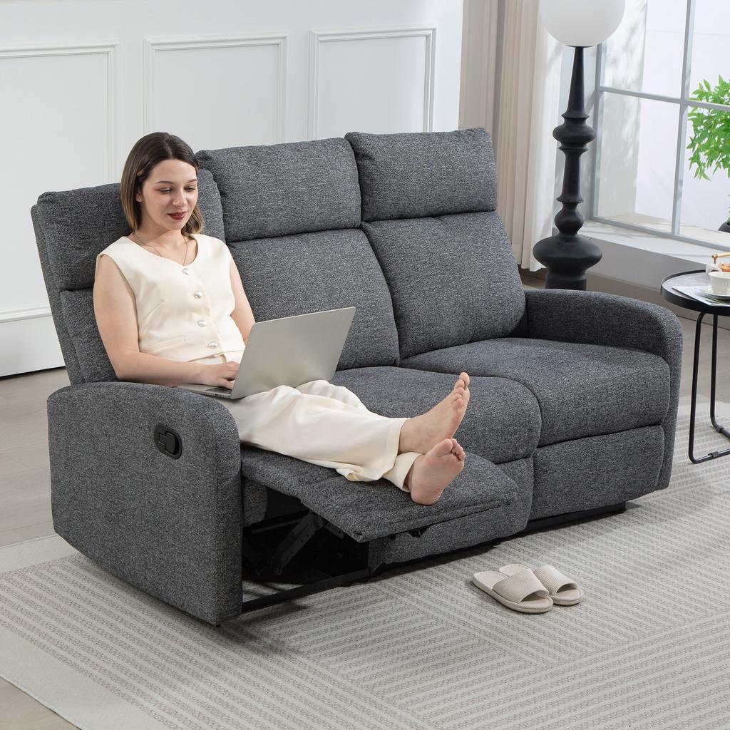 3-Seater Sofa, Individually Adjustable Backrests, Footrest, Fabric Cover, Metal, Grey