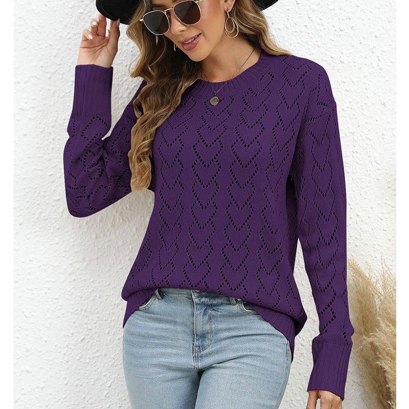 Осенне-зимний новый вязаный топ с круглым вырезом в форме сердца, европейский и американский ажурный пуловер с длинным рукавом для женщин