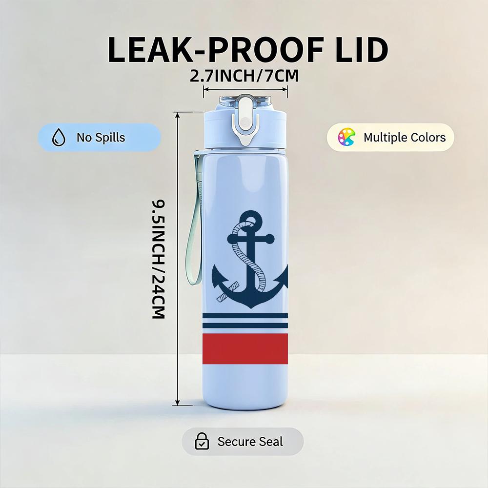 1PC Nautical Anchor Symbol Print 750ml Color Plastic Sports Water Bottle Leakproof Flip Straw Lid For Sports Office Home Use