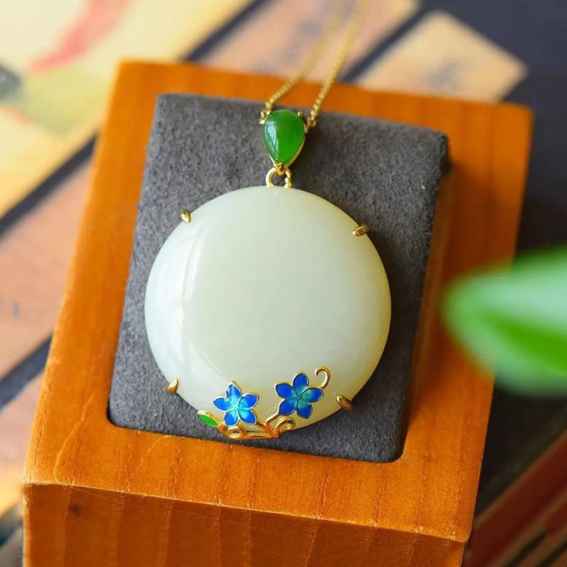 New Natural Hetian Jade Flower Enamel Porcelain Round Pendant Women's Necklace Exquisite Chinese Charm  Jewelry