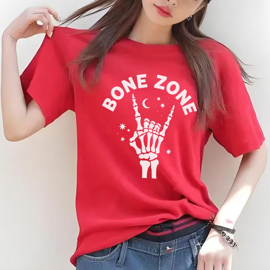 Модная футболка с принтом в уличном стиле, скелетная рука, надпись BONE ZONE, короткий рукав, круглый вырез, повседневная женская футболка