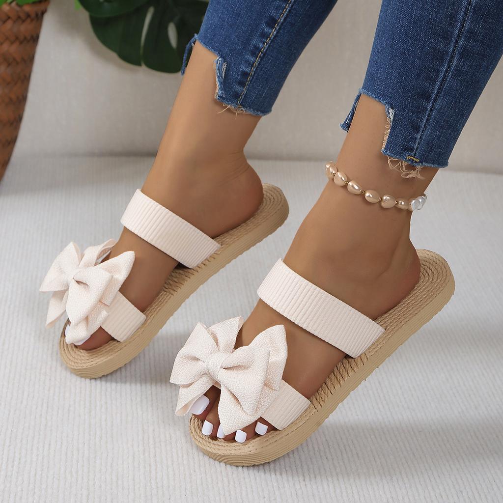Women's Summer Sandals Women's Solid Color Bows Outside The Beach Wear Flat Bottom Large Size Sandals