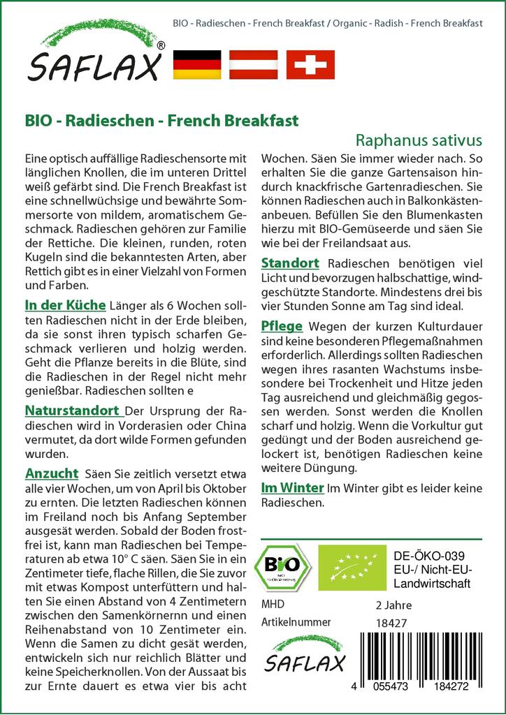 SAFLAX Сад в сумке - Органический - Редис - Французский завтрак - 150 семян - С субстратом в подходящем стоячем мешке - Raphanus sativus