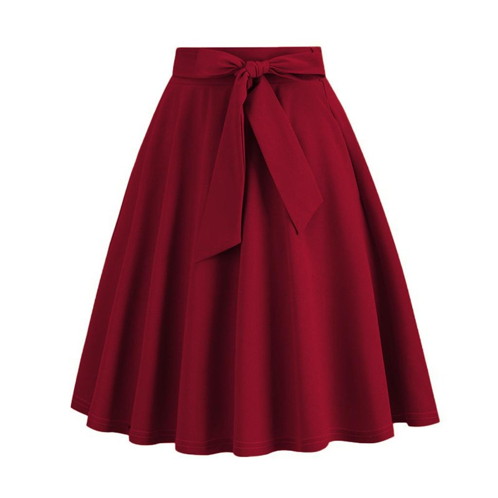 Women's Fashionable All-match Solid Color Skirt With Natural Color Belt Waist And Wide Swing Skirt