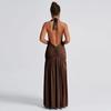 Summer New Women's Clothing Temperament Halter Neck V-neck Long Skirt Sexy Slit Pleated Backless Dress