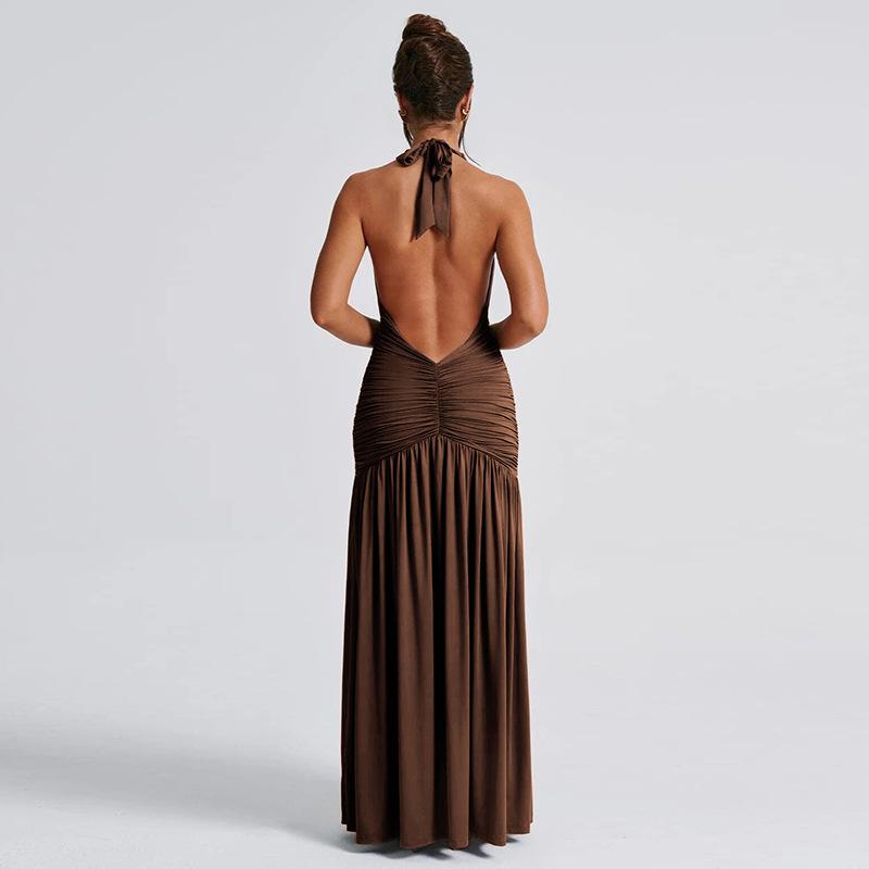 Summer New Women's Clothing Temperament Halter Neck V-neck Long Skirt Sexy Slit Pleated Backless Dress