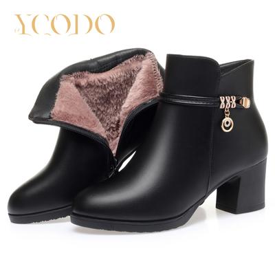 Женские осенне-зимние удобные повседневные кожаные ботинки на высоком каблуке с плюшевой подкладкой